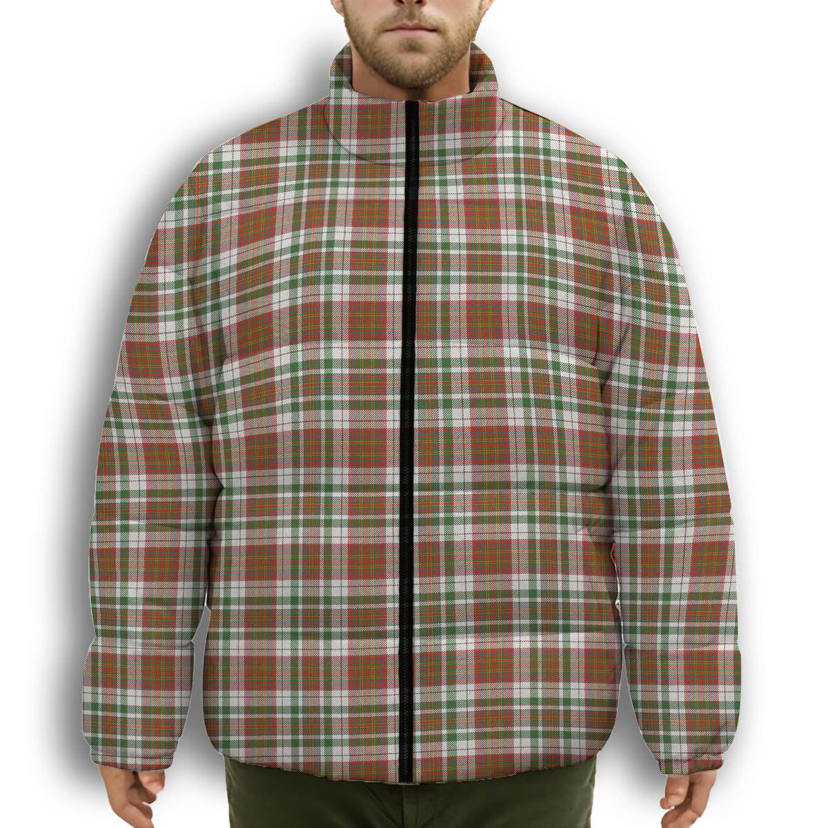 ScotsTee Shop Scottish MacAlister Dress Ancient Premium Tartan Collar Down Jacket Winter White Duck Down Plaid