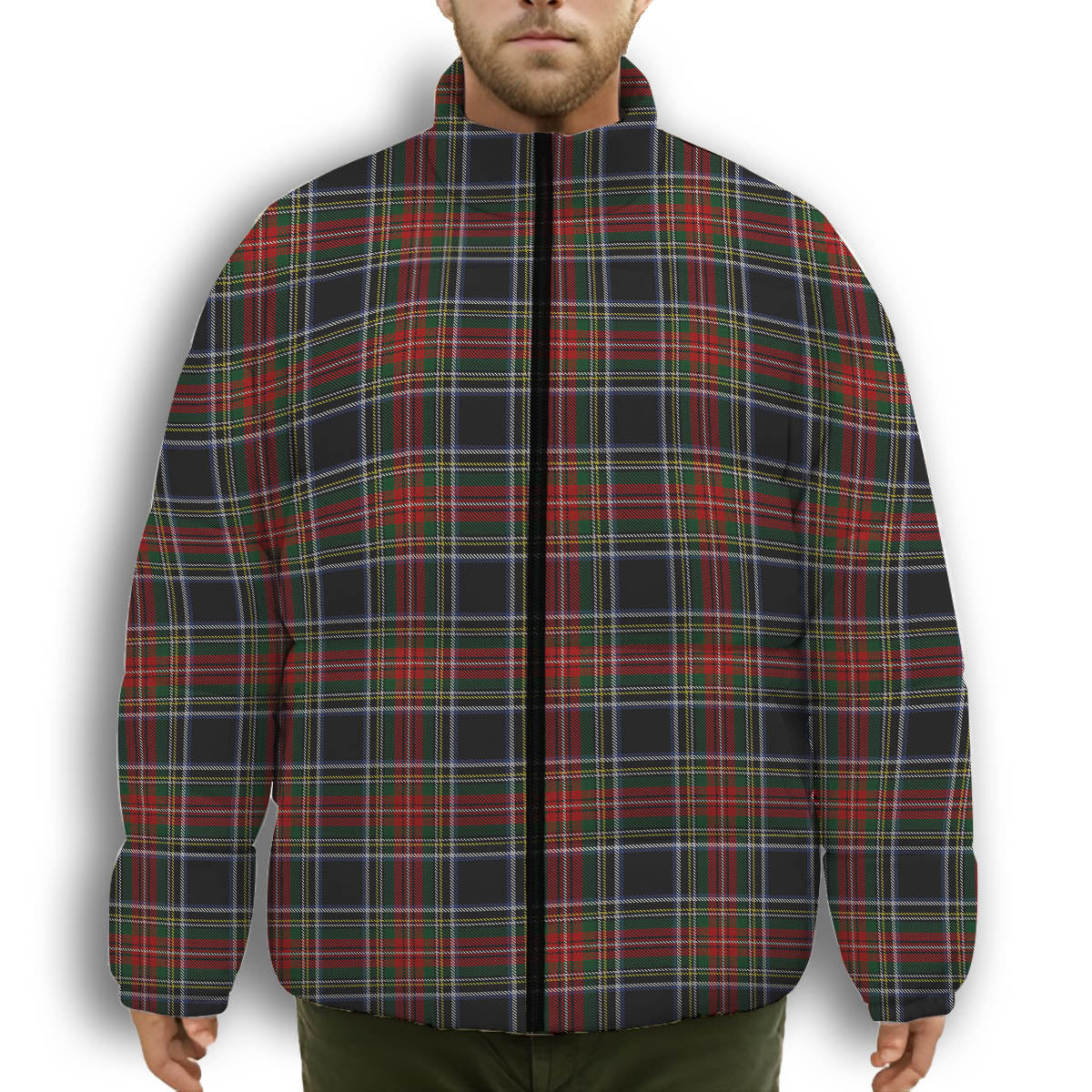 ScotsTee Shop Scottish Stewart Black Premium Tartan Collar Down Jacket Winter White Duck Down Plaid