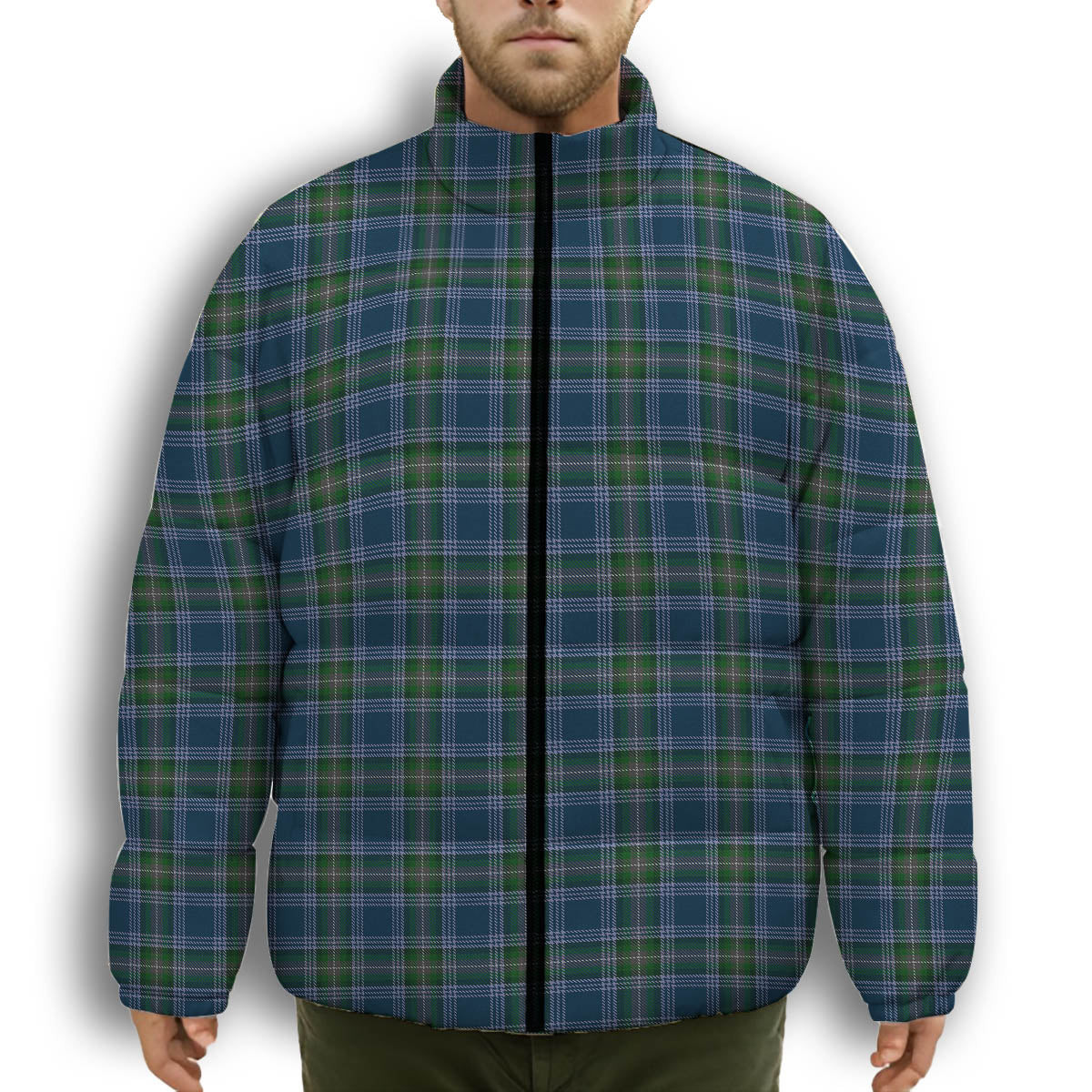 ScotsTee Shop Scottish Greenshields Premium Tartan Collar Down Jacket Winter White Duck Down Plaid