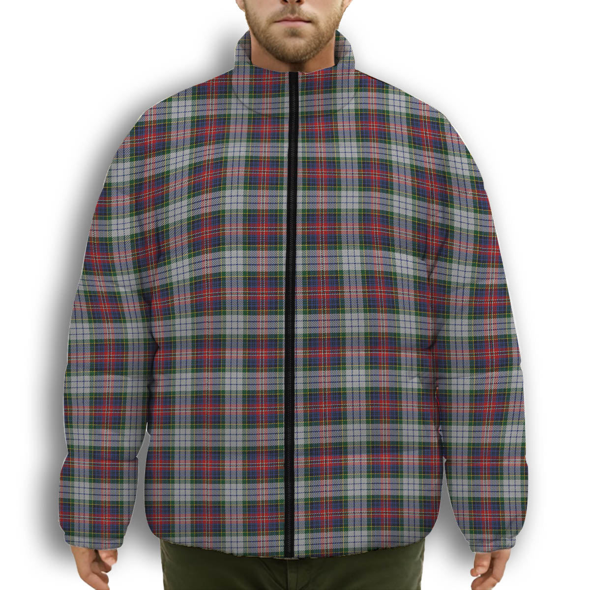 ScotsTee Shop Scottish MacPherson Dress 1 Premium Tartan Collar Down Jacket Winter White Duck Down Plaid