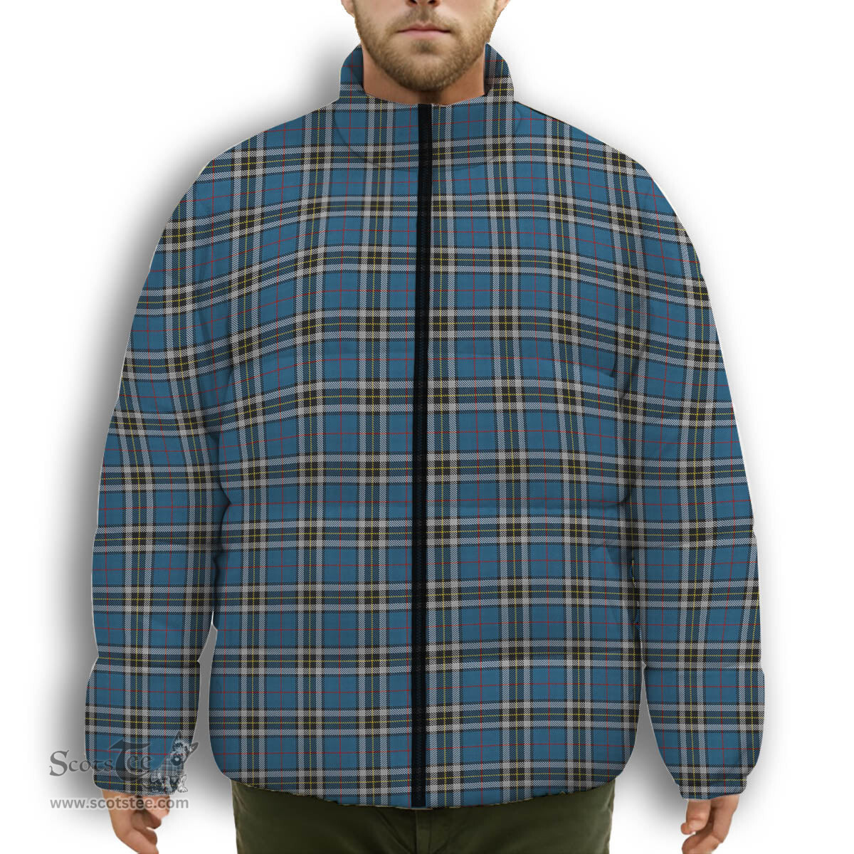 ScotsTee Shop Scottish Thomson Dress Blue Premium Tartan Collar Down Jacket Winter White Duck Down Plaid
