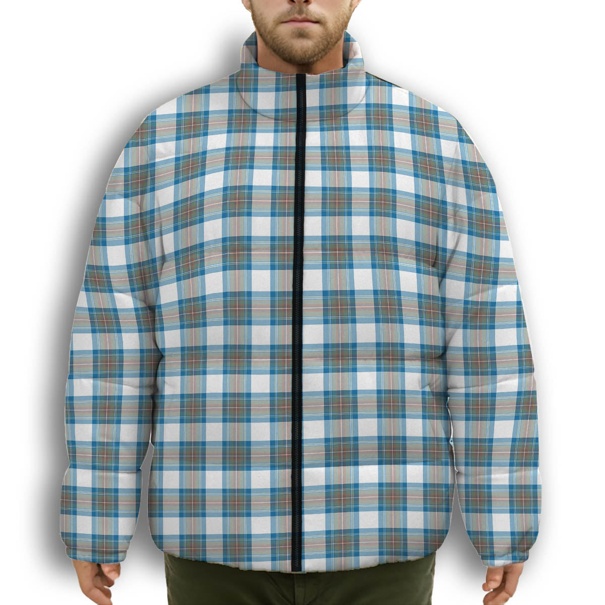 ScotsTee Shop Scottish Stewart Muted Blue Premium Tartan Collar Down Jacket Winter White Duck Down Plaid