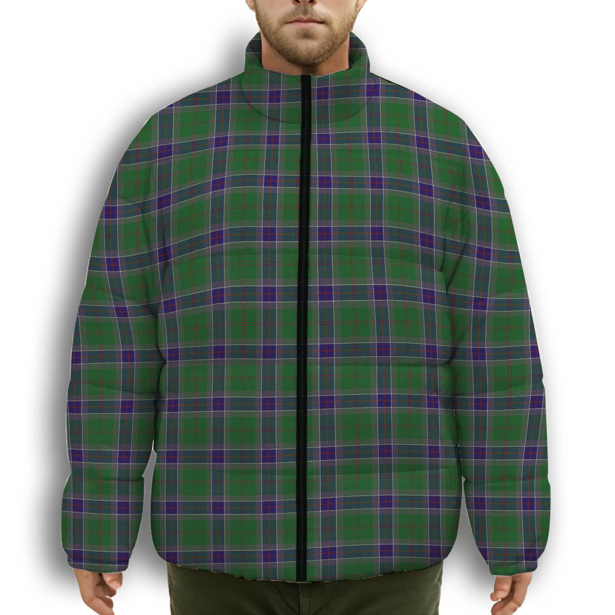 ScotsTee Shop Scottish Sinclair Green Premium Tartan Collar Down Jacket Winter White Duck Down Plaid