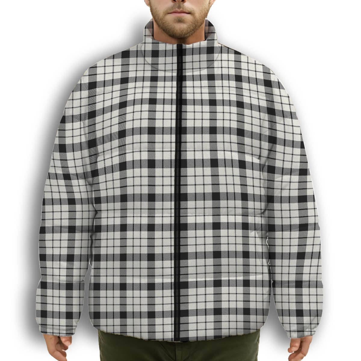 ScotsTee Shop Scottish McFarlane Black White Modern Premium Tartan Collar Down Jacket Winter White Duck Down Plaid