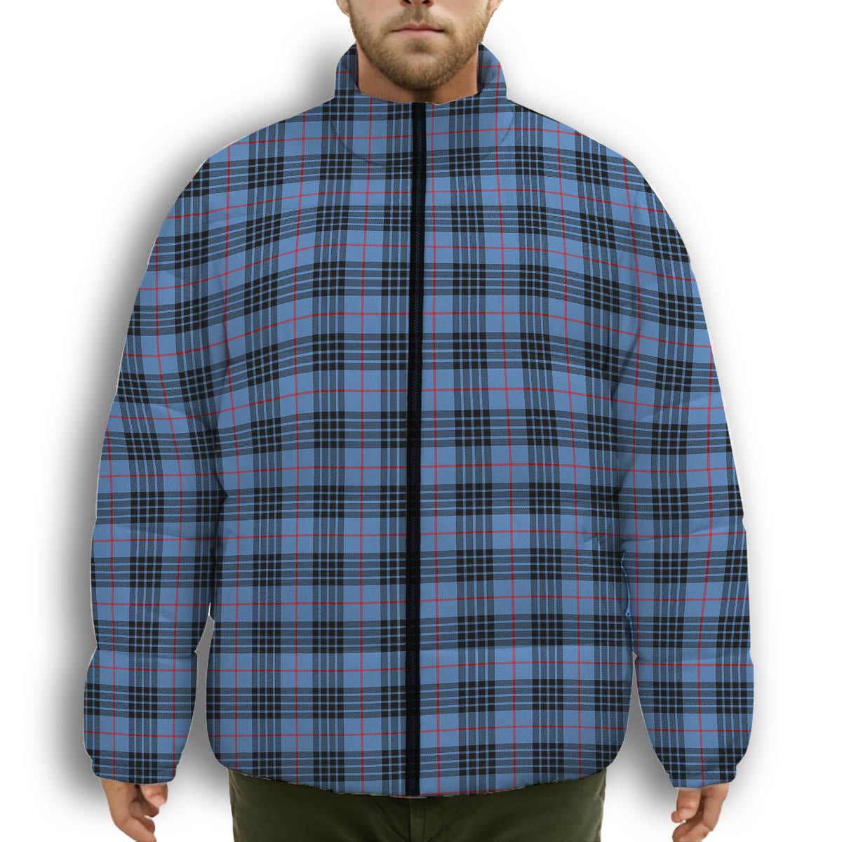 ScotsTee Shop Scottish MacKay Blue Premium Tartan Collar Down Jacket Winter White Duck Down Plaid
