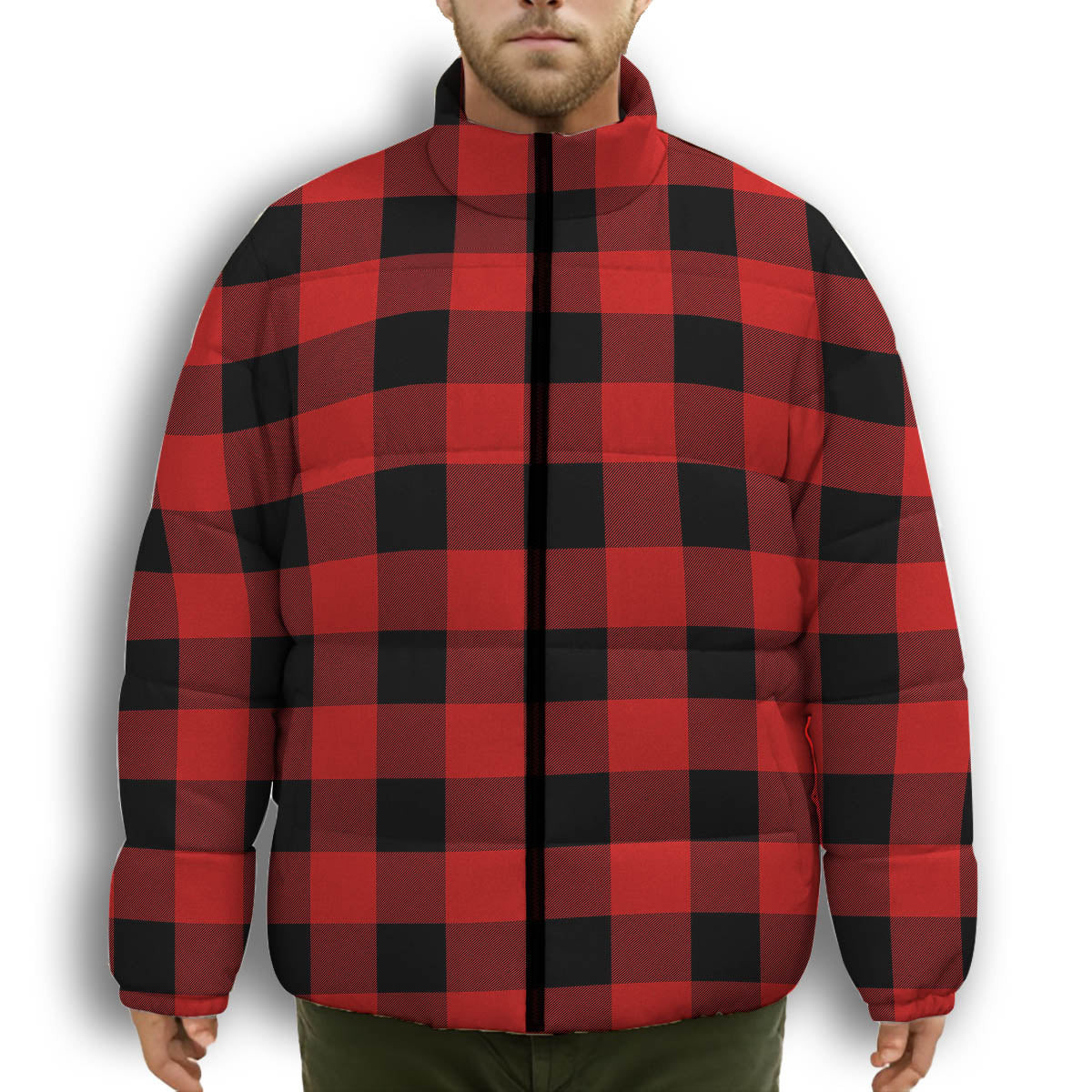 ScotsTee Shop Scottish Gregor Red & Black Modern Premium Tartan Collar Down Jacket Winter White Duck Down Plaid