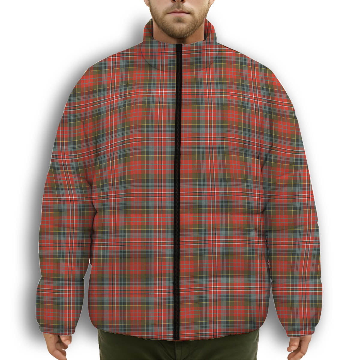 ScotsTee Shop Scottish MacPherson Weathered Premium Tartan Collar Down Jacket Winter White Duck Down Plaid