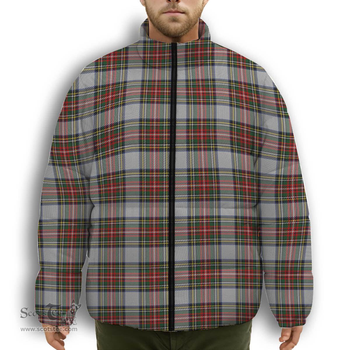 ScotsTee Shop Scottish Stewart Dress Premium Tartan Collar Down Jacket Winter White Duck Down Plaid