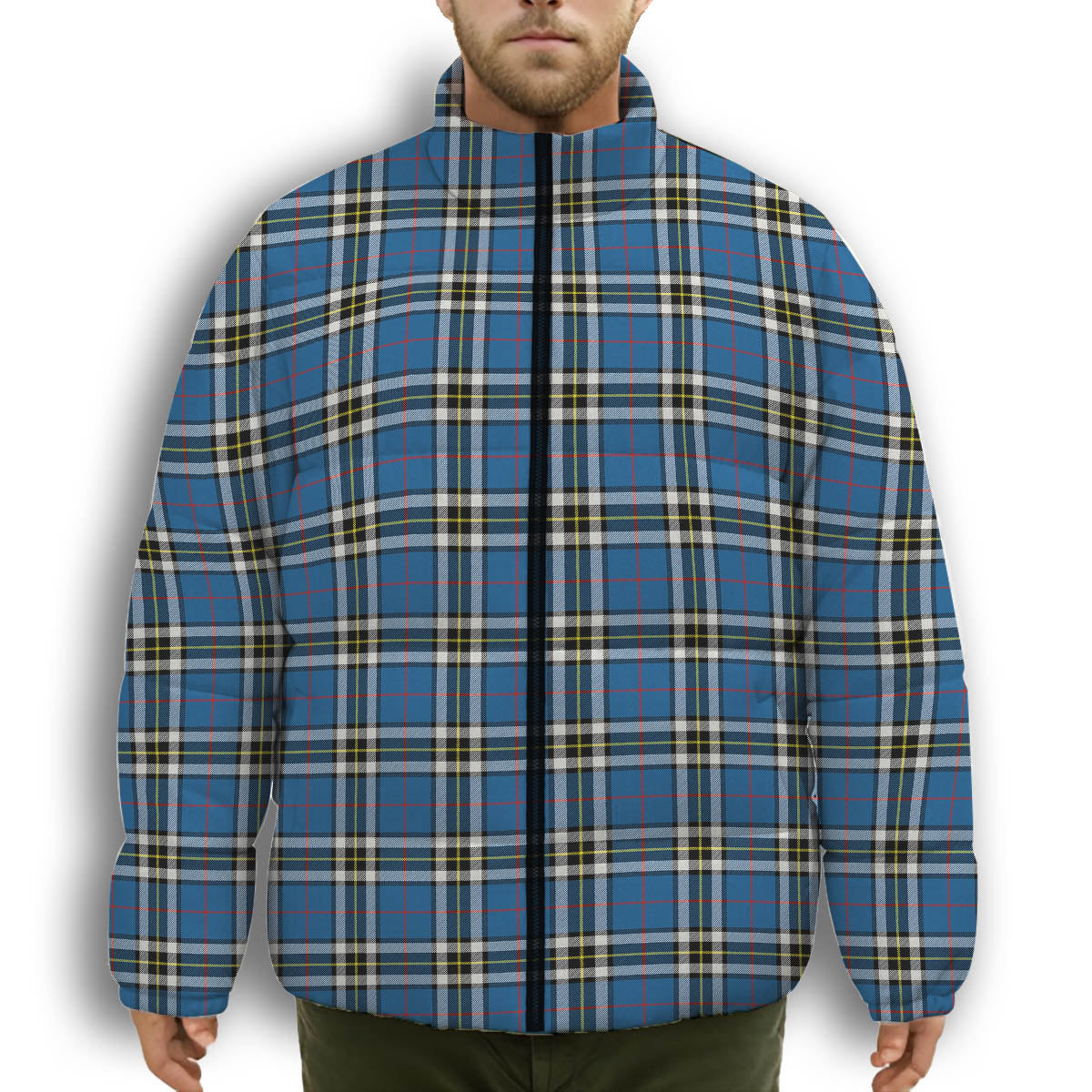 ScotsTee Shop Scottish MacThomas Blue Modern Premium Tartan Collar Down Jacket Winter White Duck Down Plaid