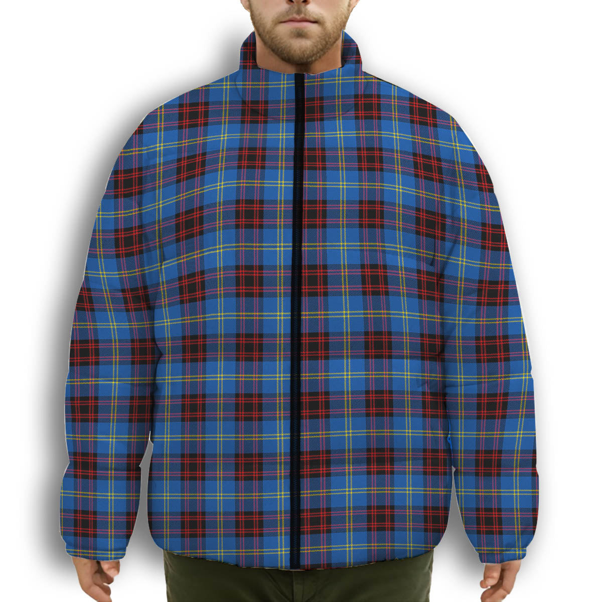 ScotsTee Shop Scottish Rutherford Modern Premium Tartan Collar Down Jacket Winter White Duck Down Plaid