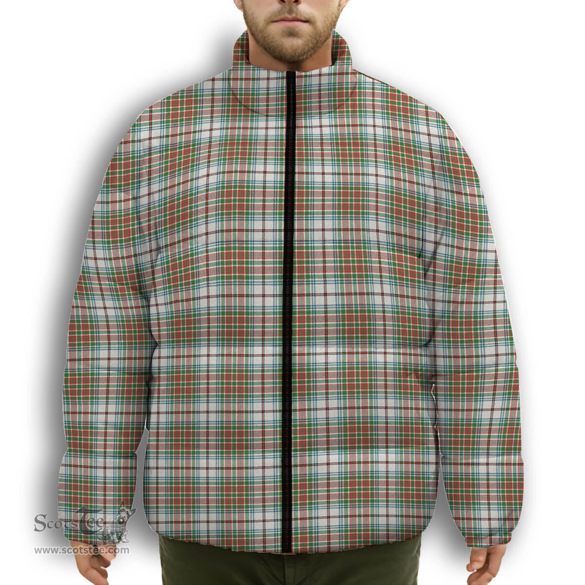 ScotsTee Shop Scottish MacBean Dress Ancient Premium Tartan Collar Down Jacket Winter White Duck Down Plaid