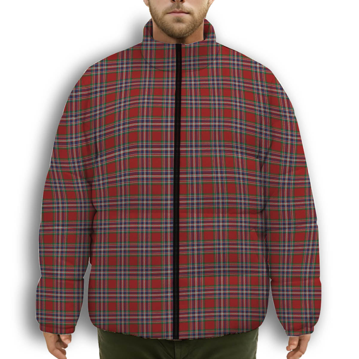 ScotsTee Shop Scottish McFarland Red Premium Tartan Collar Down Jacket Winter White Duck Down Plaid
