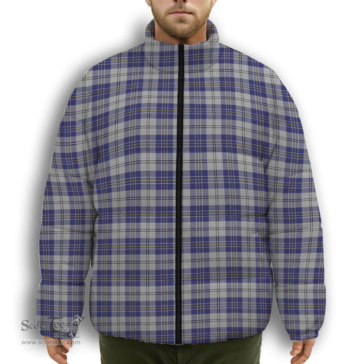 ScotsTee Shop Scottish McPherson Dress Blue Premium Tartan Collar Down Jacket Winter White Duck Down Plaid