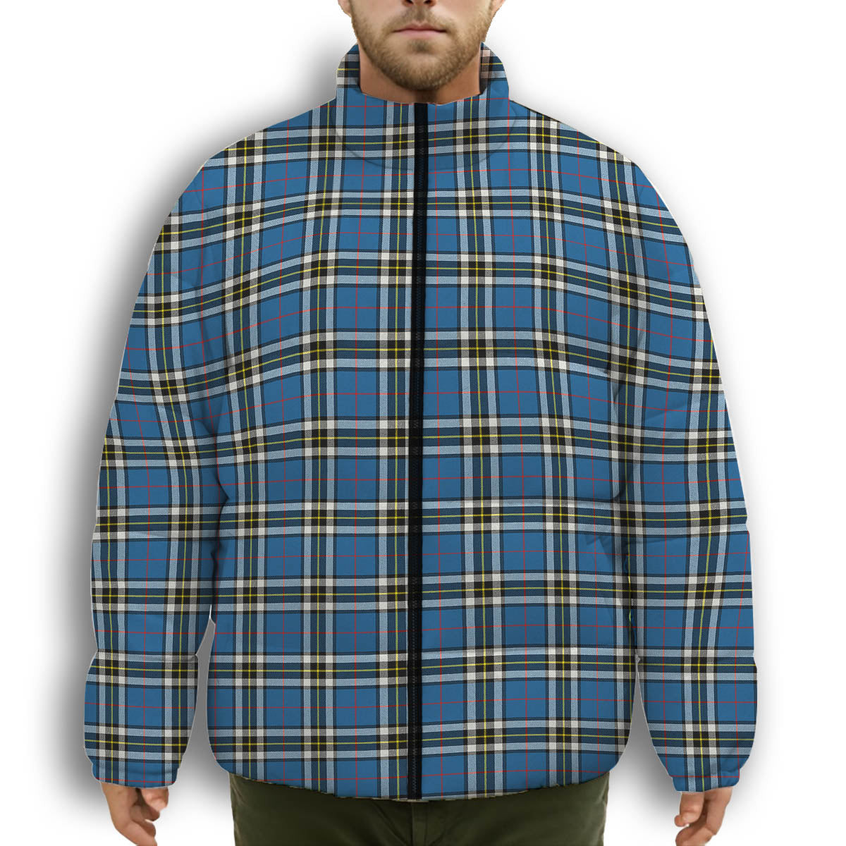 ScotsTee Shop Scottish Thomson Blue Premium Tartan Collar Down Jacket Winter White Duck Down Plaid