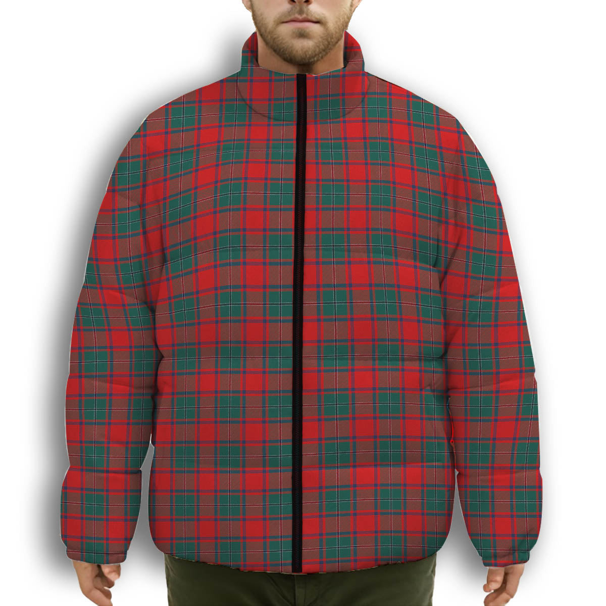 ScotsTee Shop Scottish MacPhail Blue Bands Modern Premium Tartan Collar Down Jacket Winter White Duck Down Plaid