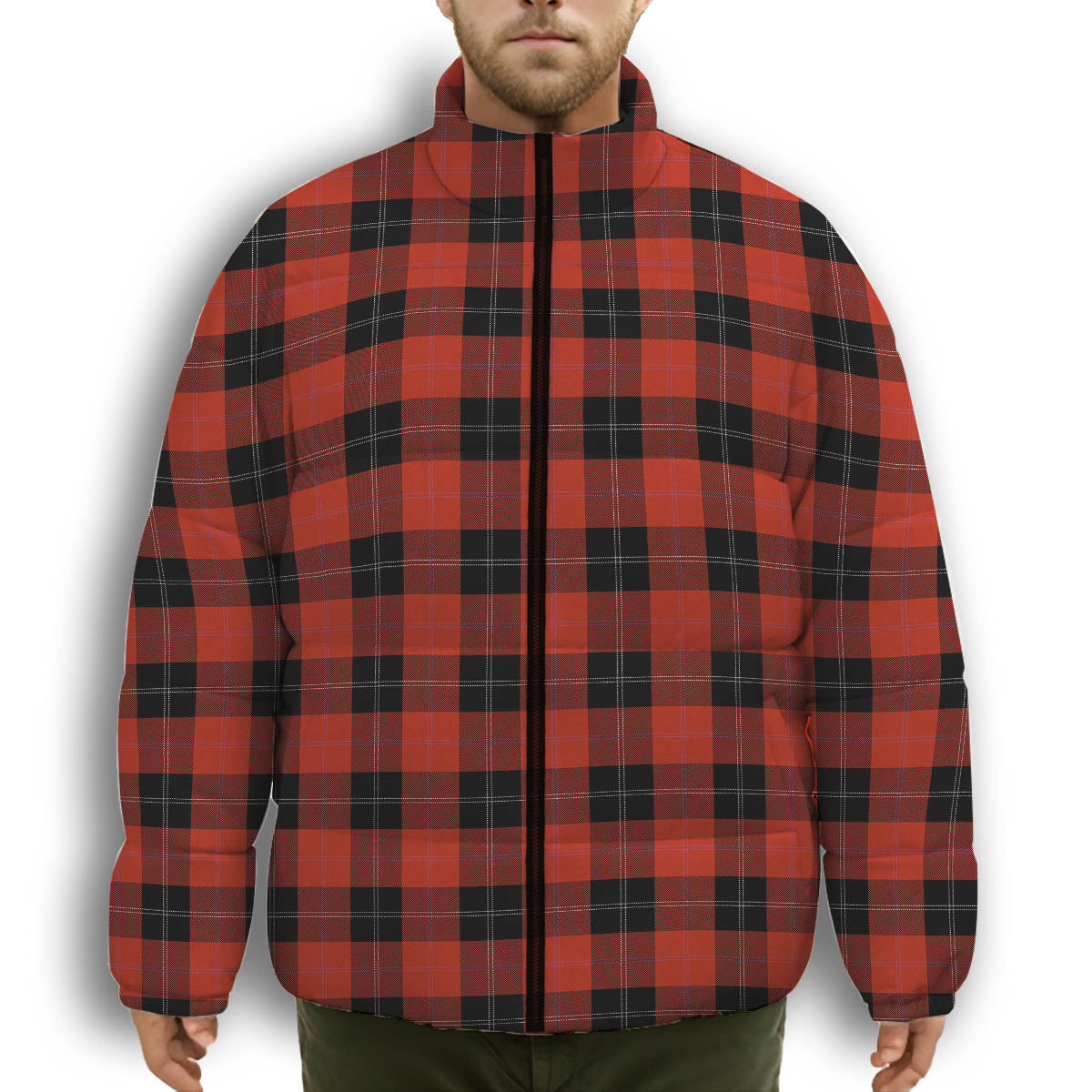 ScotsTee Shop Scottish Ramsay of Dalhousie (Ramsay Red) Ancient Premium Tartan Collar Down Jacket Winter White Duck Down Plaid