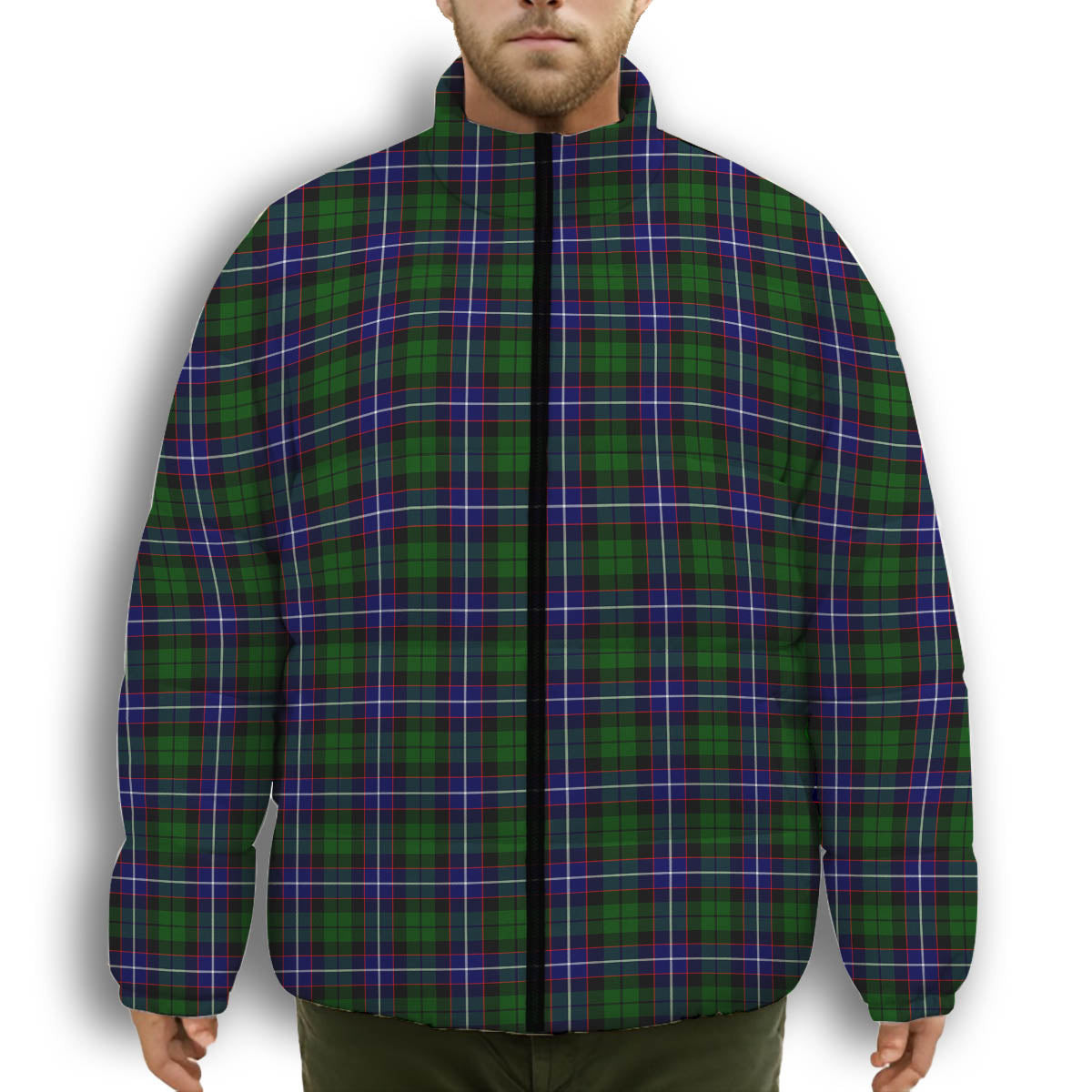 ScotsTee Shop Scottish Russell Modern Premium Tartan Collar Down Jacket Winter White Duck Down Plaid