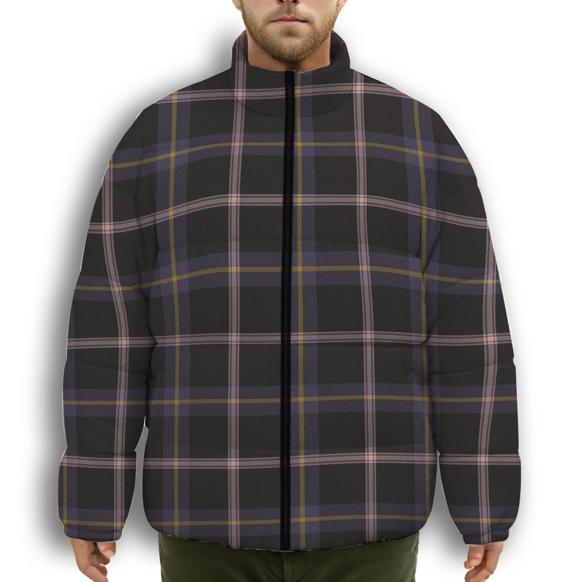 ScotsTee Shop Scottish Navy Dress Blue Premium Tartan Collar Down Jacket Winter White Duck Down Plaid