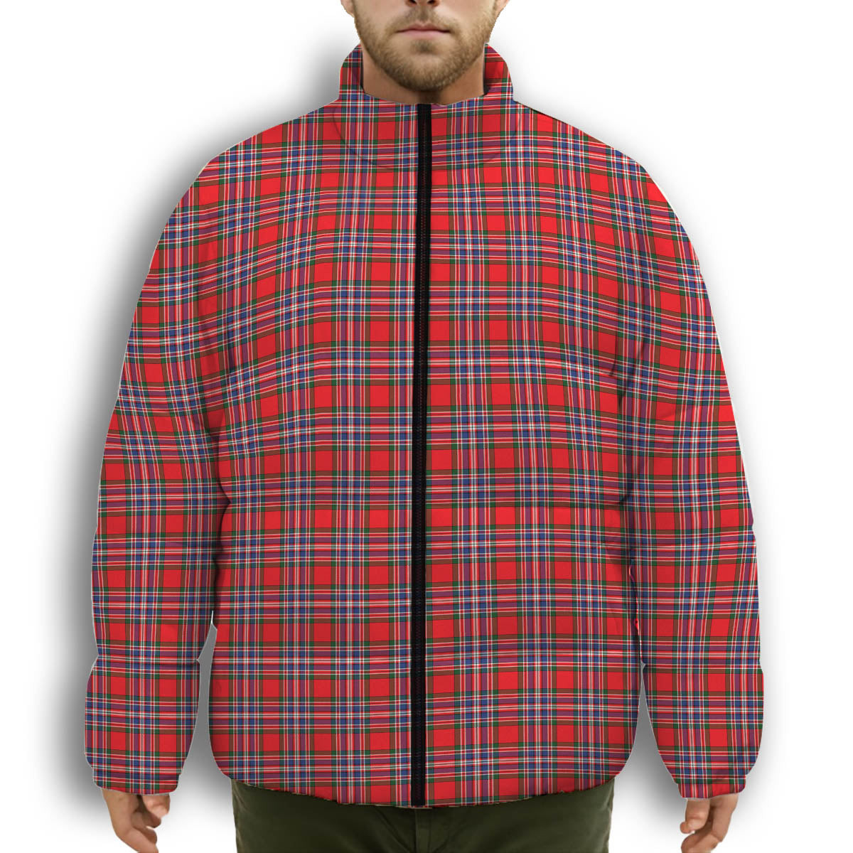 ScotsTee Shop Scottish MacFarlane Modern Premium Tartan Collar Down Jacket Winter White Duck Down Plaid