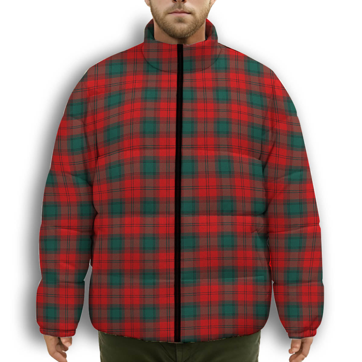 ScotsTee Shop Scottish Lindsay Black lines Modern Premium Tartan Collar Down Jacket Winter White Duck Down Plaid