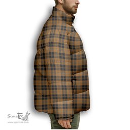ScotsTee Shop Scottish Johnston Orange and Black Premium Tartan Collar Down Jacket Winter White Duck Down Plaid
