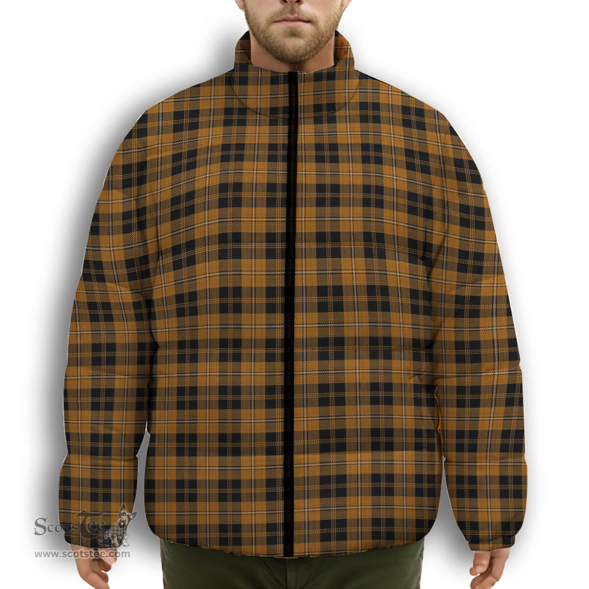 ScotsTee Shop Scottish Johnston Orange and Black Premium Tartan Collar Down Jacket Winter White Duck Down Plaid