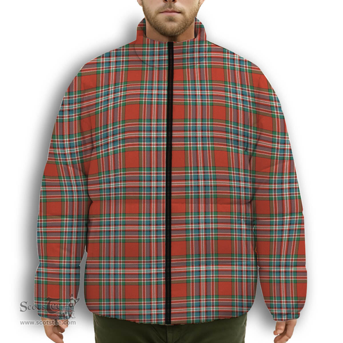 ScotsTee Shop Scottish McFarland Red Ancient Premium Tartan Collar Down Jacket Winter White Duck Down Plaid