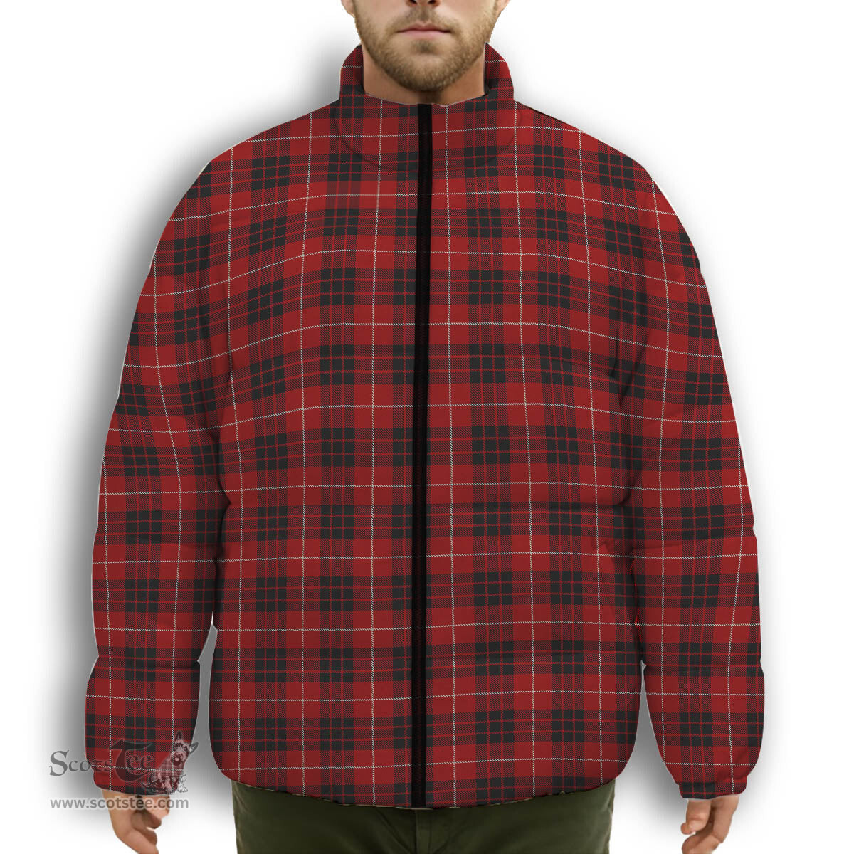 ScotsTee Shop Scottish Munro Black and Red Premium Tartan Collar Down Jacket Winter White Duck Down Plaid