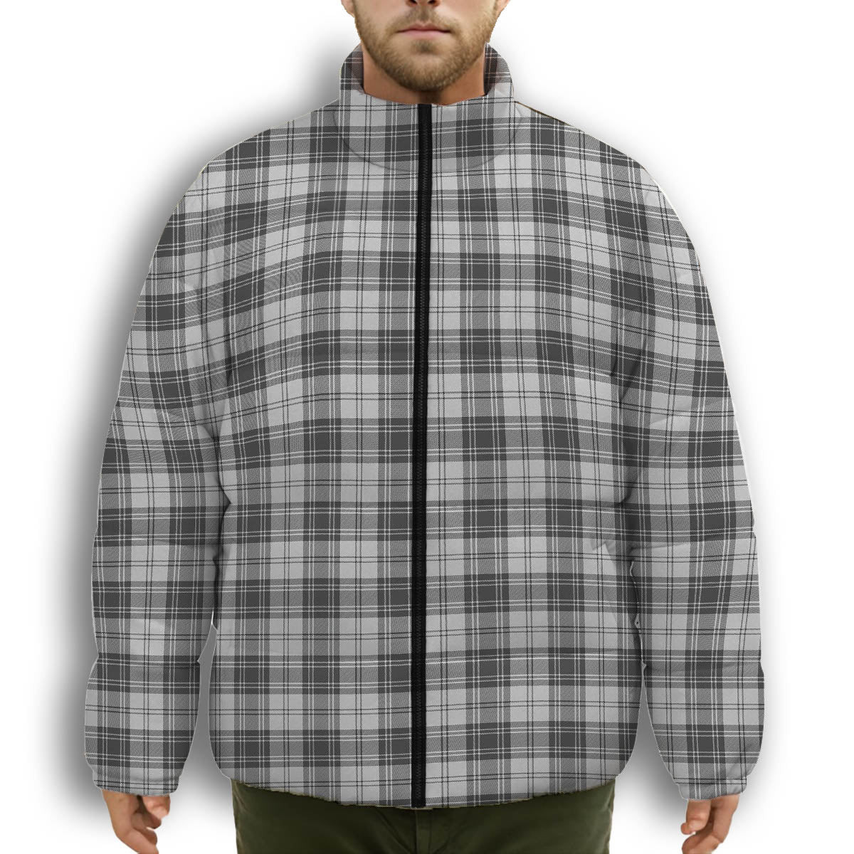 ScotsTee Shop Scottish Sandilands Grey Premium Tartan Collar Down Jacket Winter White Duck Down Plaid