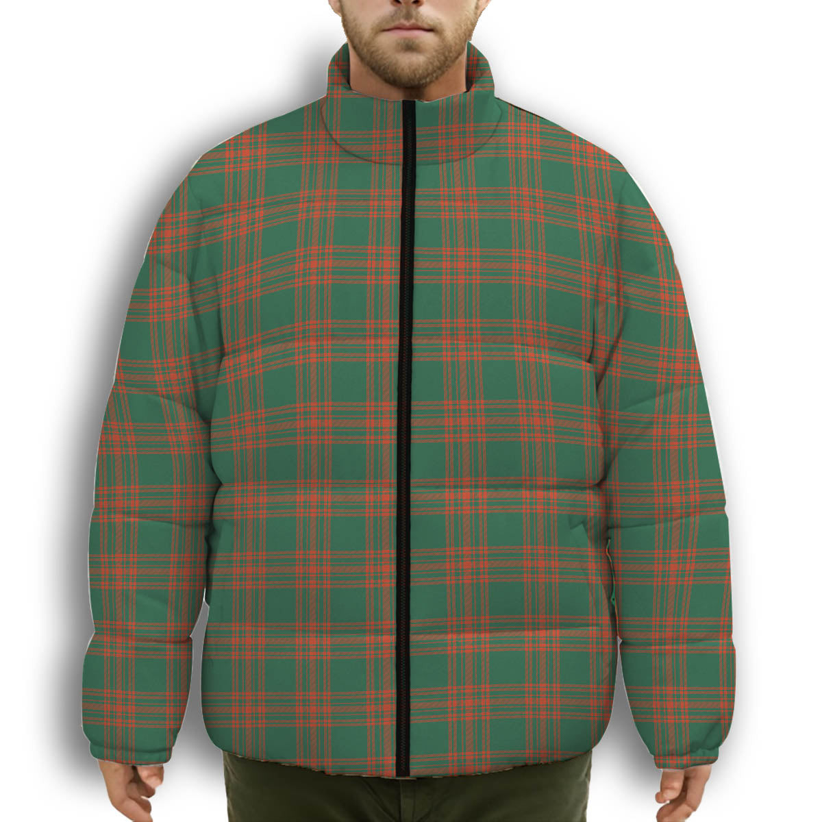 ScotsTee Shop Scottish Menzies Green Ancient Premium Tartan Collar Down Jacket Winter White Duck Down Plaid