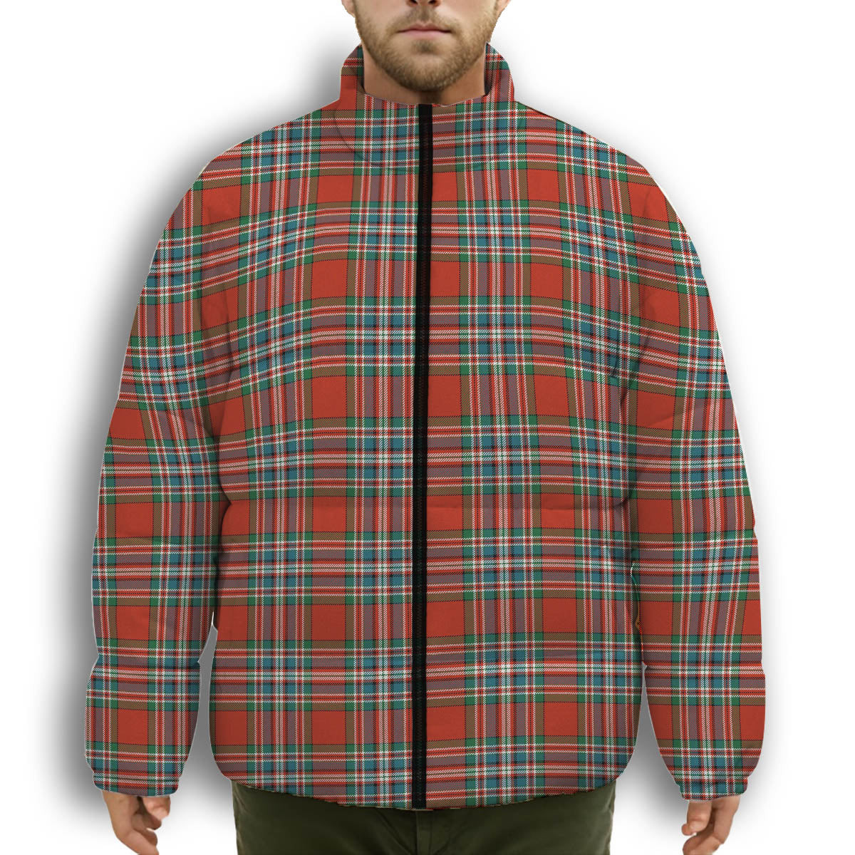 ScotsTee Shop Scottish McFarlane Red Ancient Premium Tartan Collar Down Jacket Winter White Duck Down Plaid