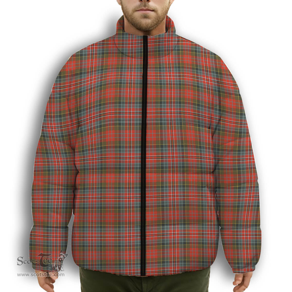 ScotsTee Shop Scottish McPherson Weathered Premium Tartan Collar Down Jacket Winter White Duck Down Plaid