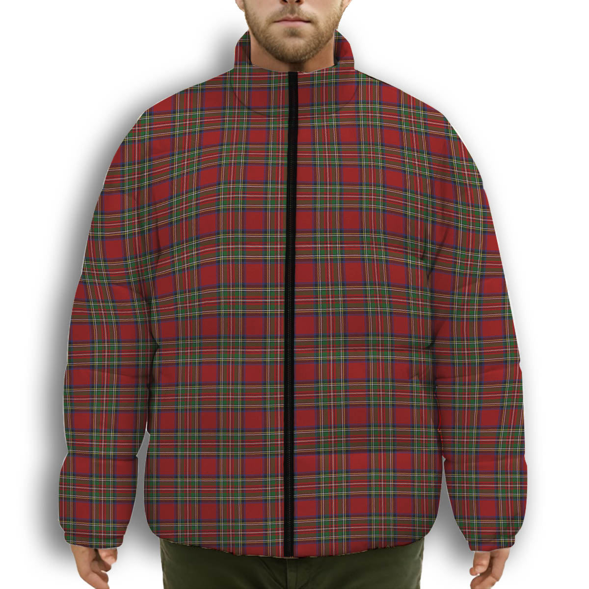 ScotsTee Shop Scottish Stewart Royal Premium Tartan Collar Down Jacket Winter White Duck Down Plaid
