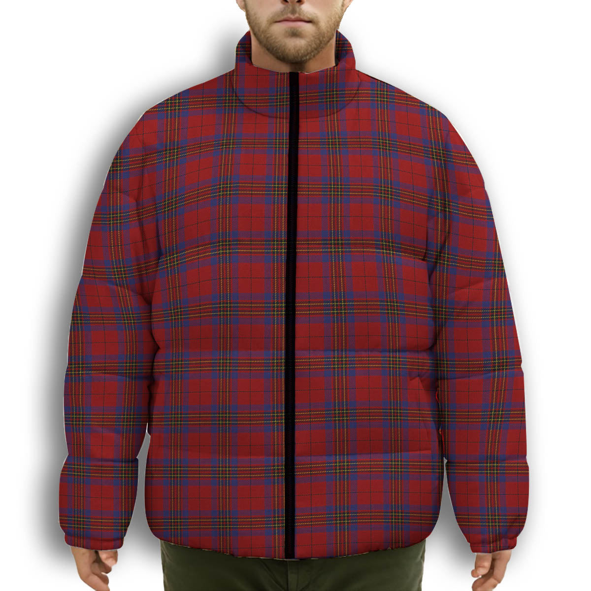 ScotsTee Shop Scottish Leslie Red Premium Tartan Collar Down Jacket Winter White Duck Down Plaid
