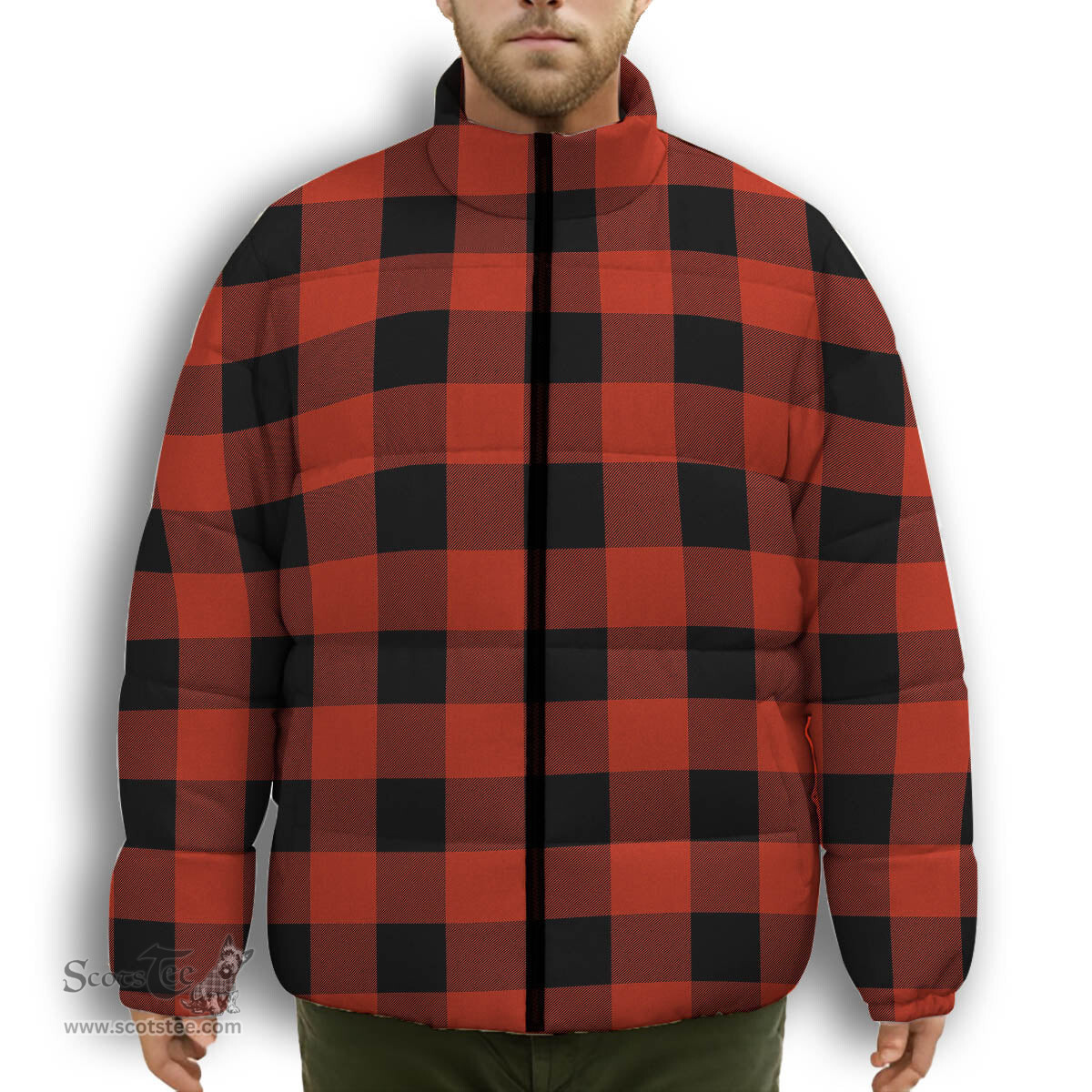 ScotsTee Shop Scottish Gregor Red & Black Ancient Premium Tartan Collar Down Jacket Winter White Duck Down Plaid