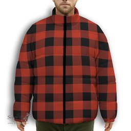 ScotsTee Shop Scottish Gregor Red & Black Ancient Premium Tartan Collar Down Jacket Winter White Duck Down Plaid