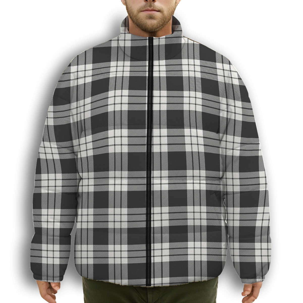 ScotsTee Shop Scottish McFarlane Black White Premium Tartan Collar Down Jacket Winter White Duck Down Plaid