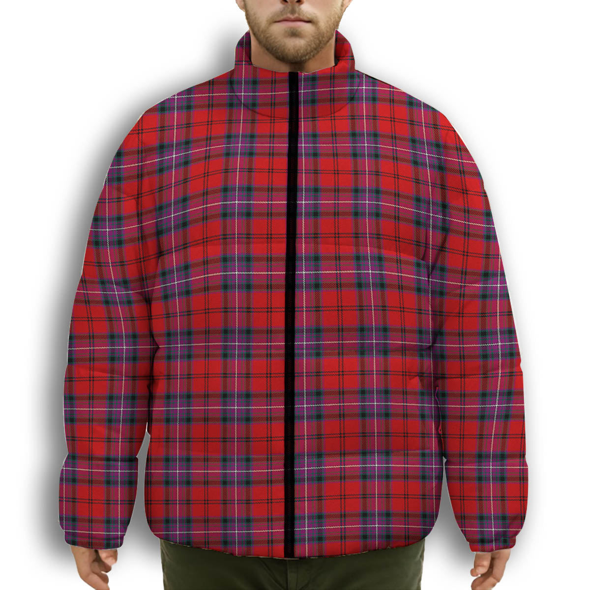 ScotsTee Shop Scottish Kelly of Sleat Red Modern Premium Tartan Collar Down Jacket Winter White Duck Down Plaid