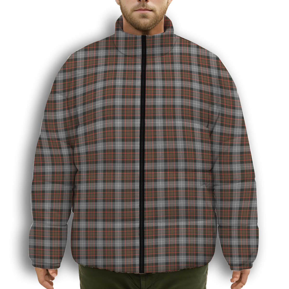 ScotsTee Shop Scottish MacRae Hunting Weathered Premium Tartan Collar Down Jacket Winter White Duck Down Plaid
