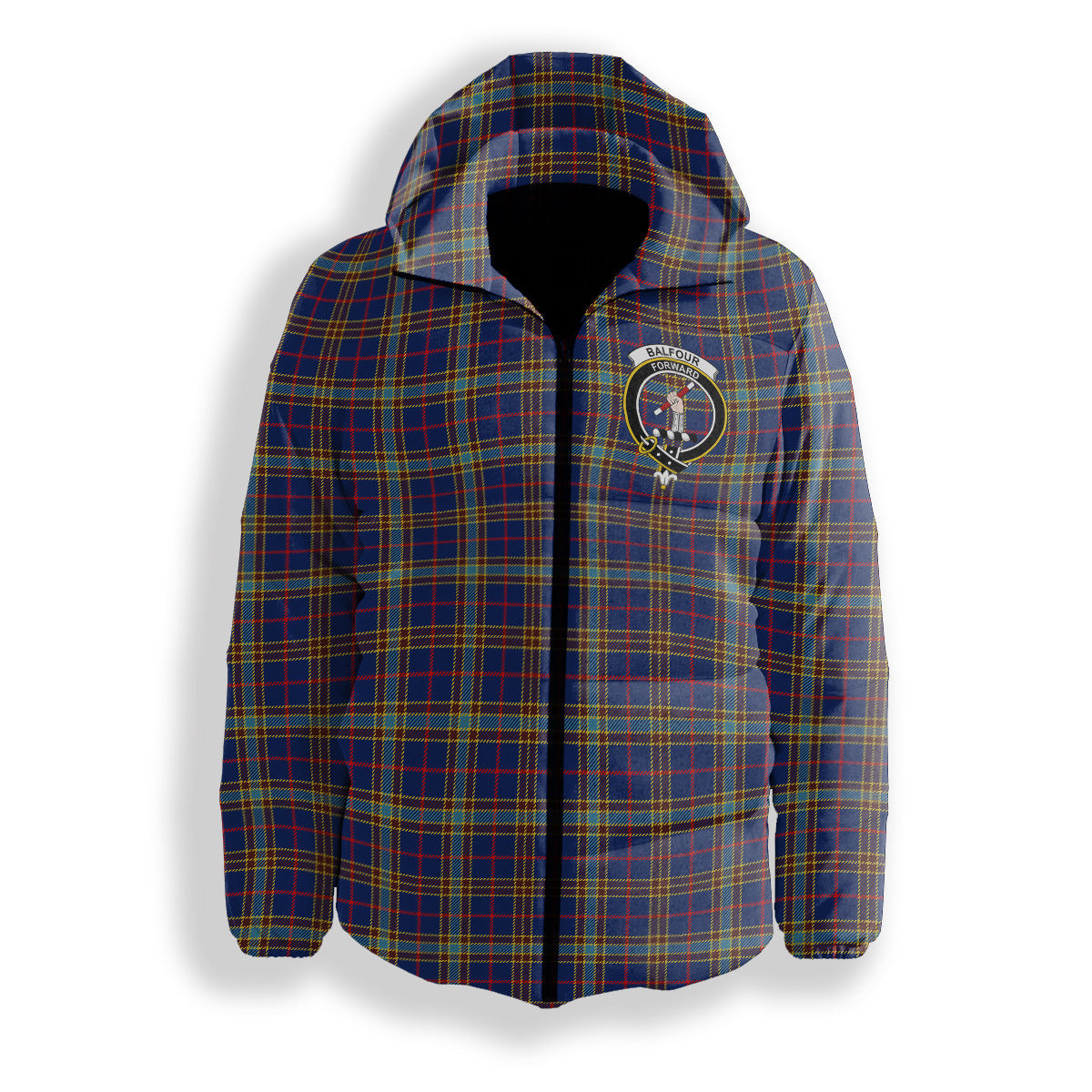 ScotsTee Shop Scottish Balfour Blue Modern Crest Tartan Down Jacket Winter White Duck Down Plaid