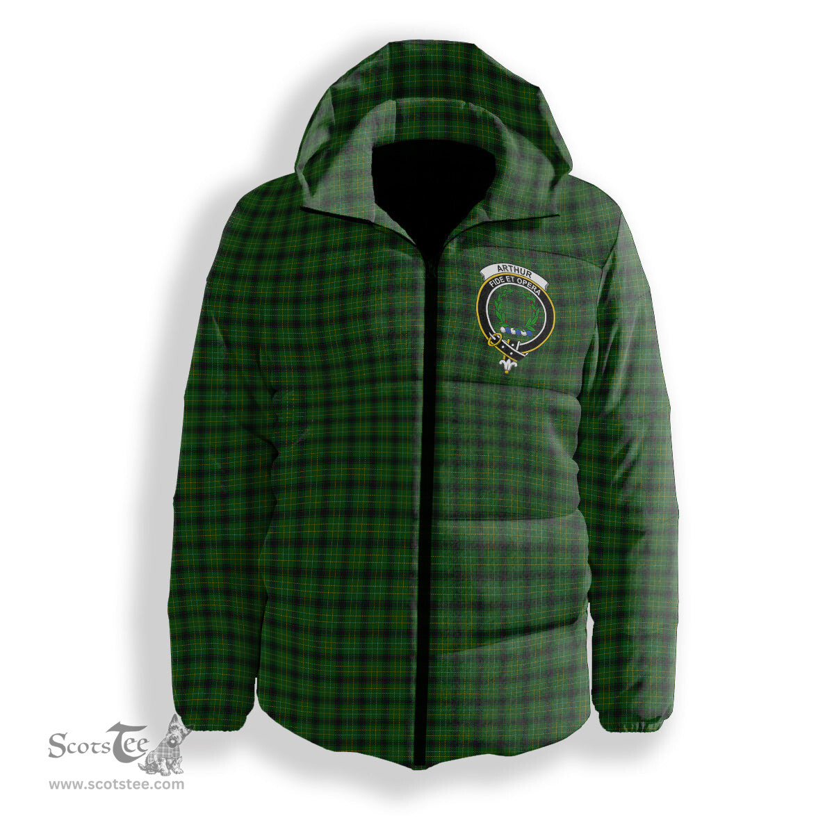 ScotsTee Shop Scottish Arthur Highland Society Crest Tartan Down Jacket Winter White Duck Down Plaid