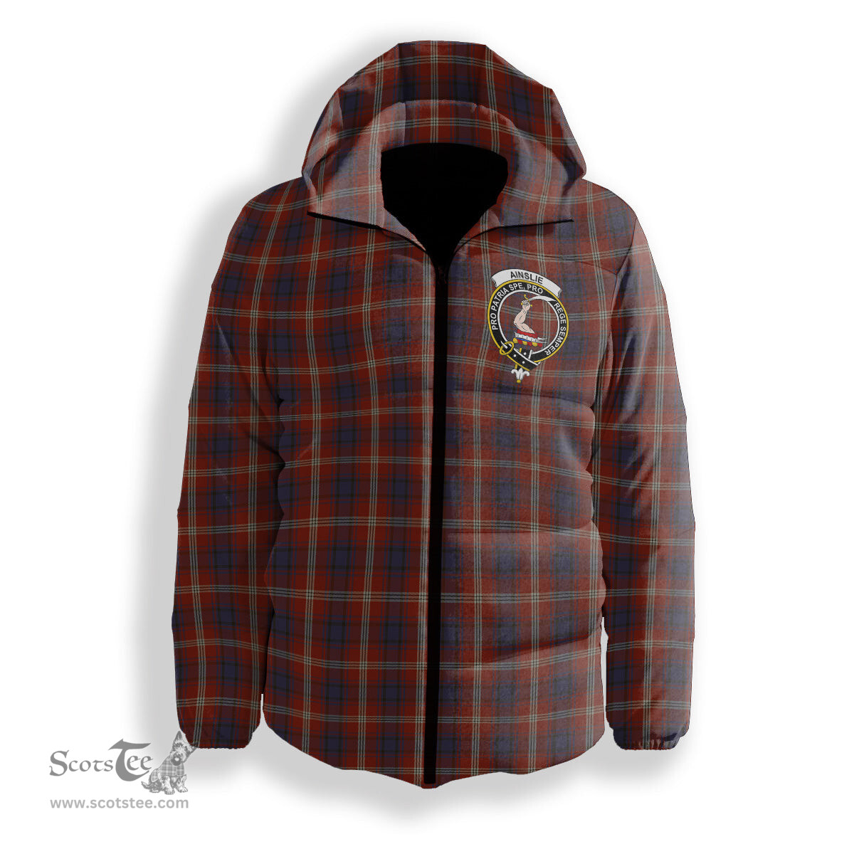 ScotsTee Shop Scottish Ainslie SC Crest Tartan Down Jacket Winter White Duck Down Plaid