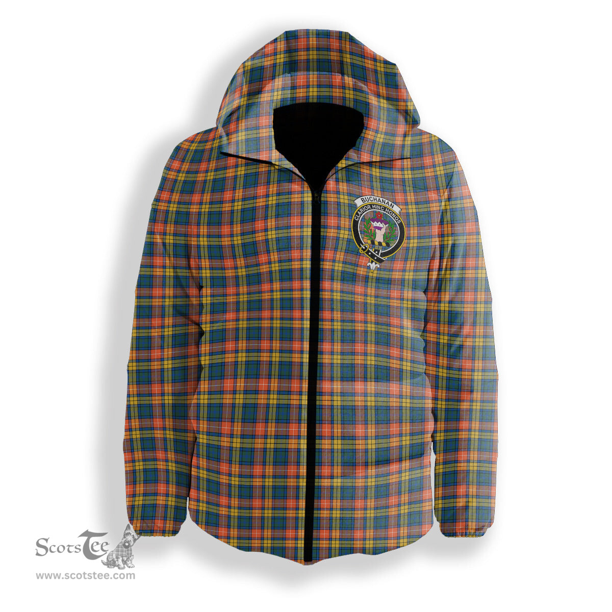ScotsTee Shop Scottish Buchanan Ancient Crest Tartan Down Jacket Winter White Duck Down Plaid