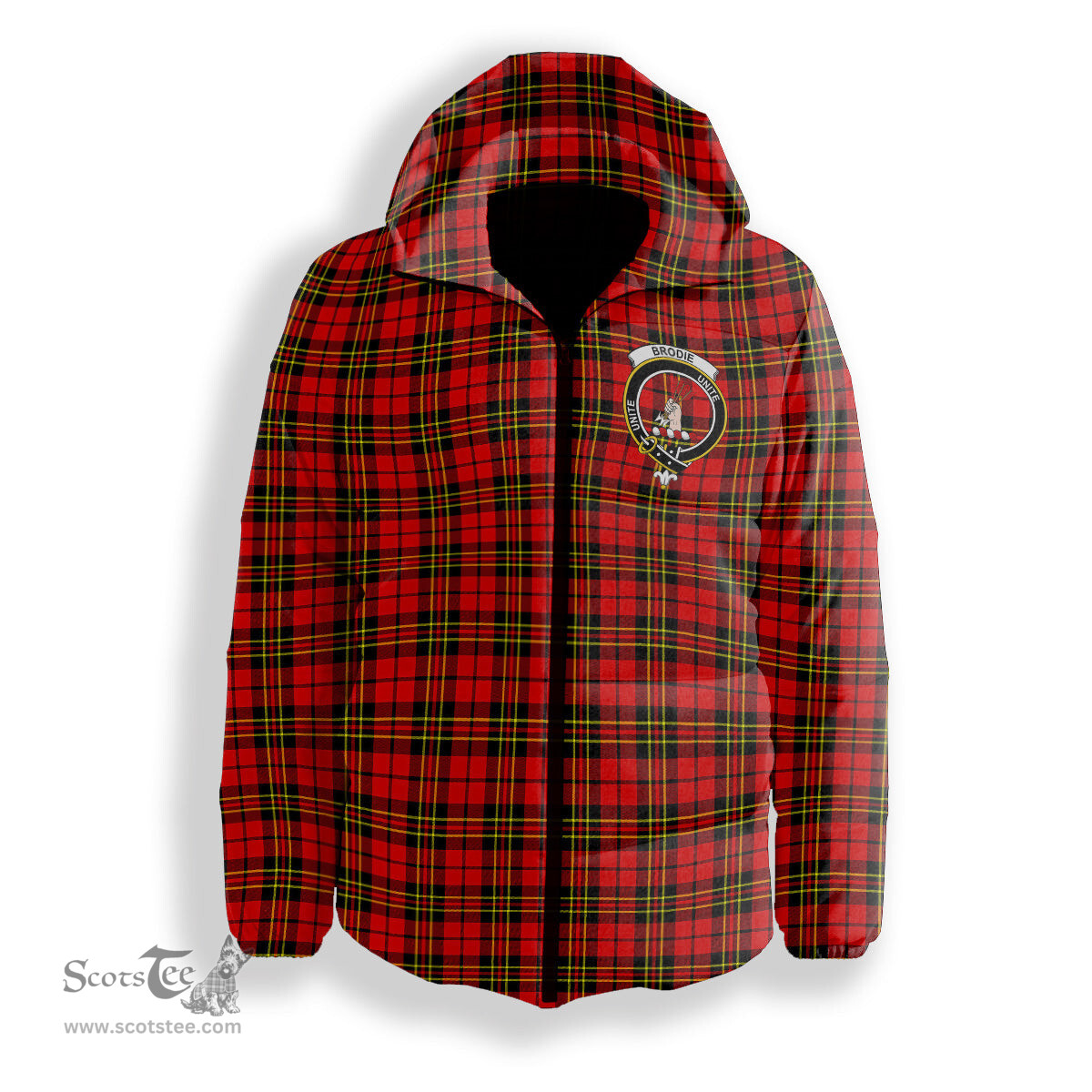 ScotsTee Shop Scottish Brodie Modern Crest Tartan Down Jacket Winter White Duck Down Plaid