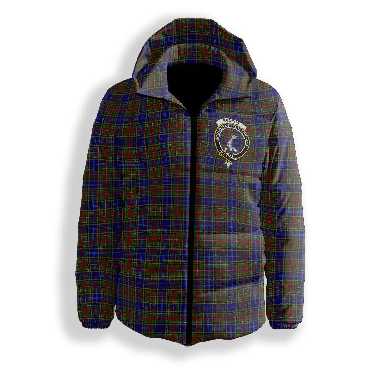 ScotsTee Shop Scottish Beattie (Beatty) Crest Tartan Down Jacket Winter White Duck Down Plaid