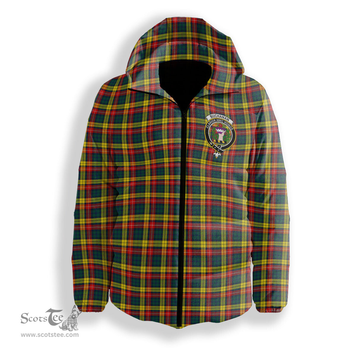 ScotsTee Shop Scottish Buchanan Modern Crest Tartan Down Jacket Winter White Duck Down Plaid