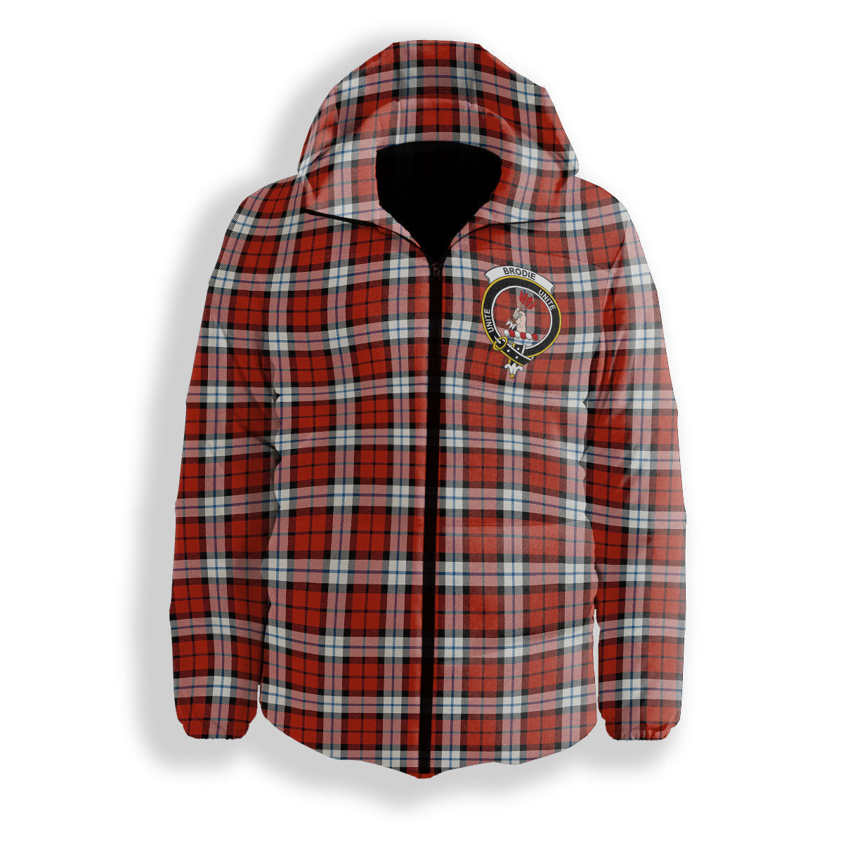 ScotsTee Shop Scottish Brodie Dress Ancient Crest Tartan Down Jacket Winter White Duck Down Plaid