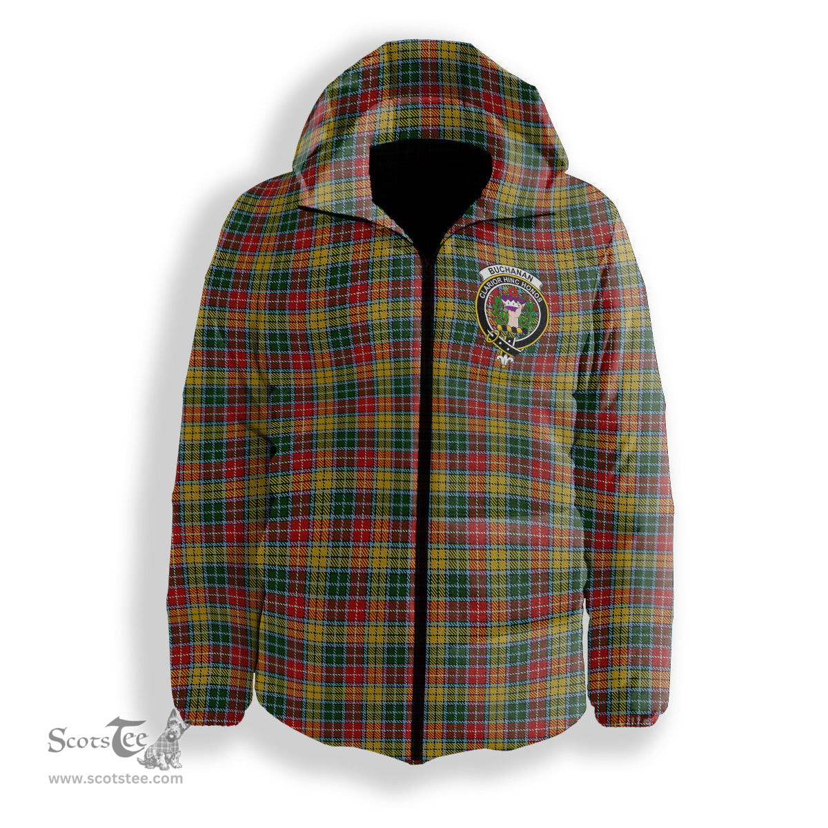 ScotsTee Shop Scottish Buchanan 1800 Crest Tartan Down Jacket Winter White Duck Down Plaid