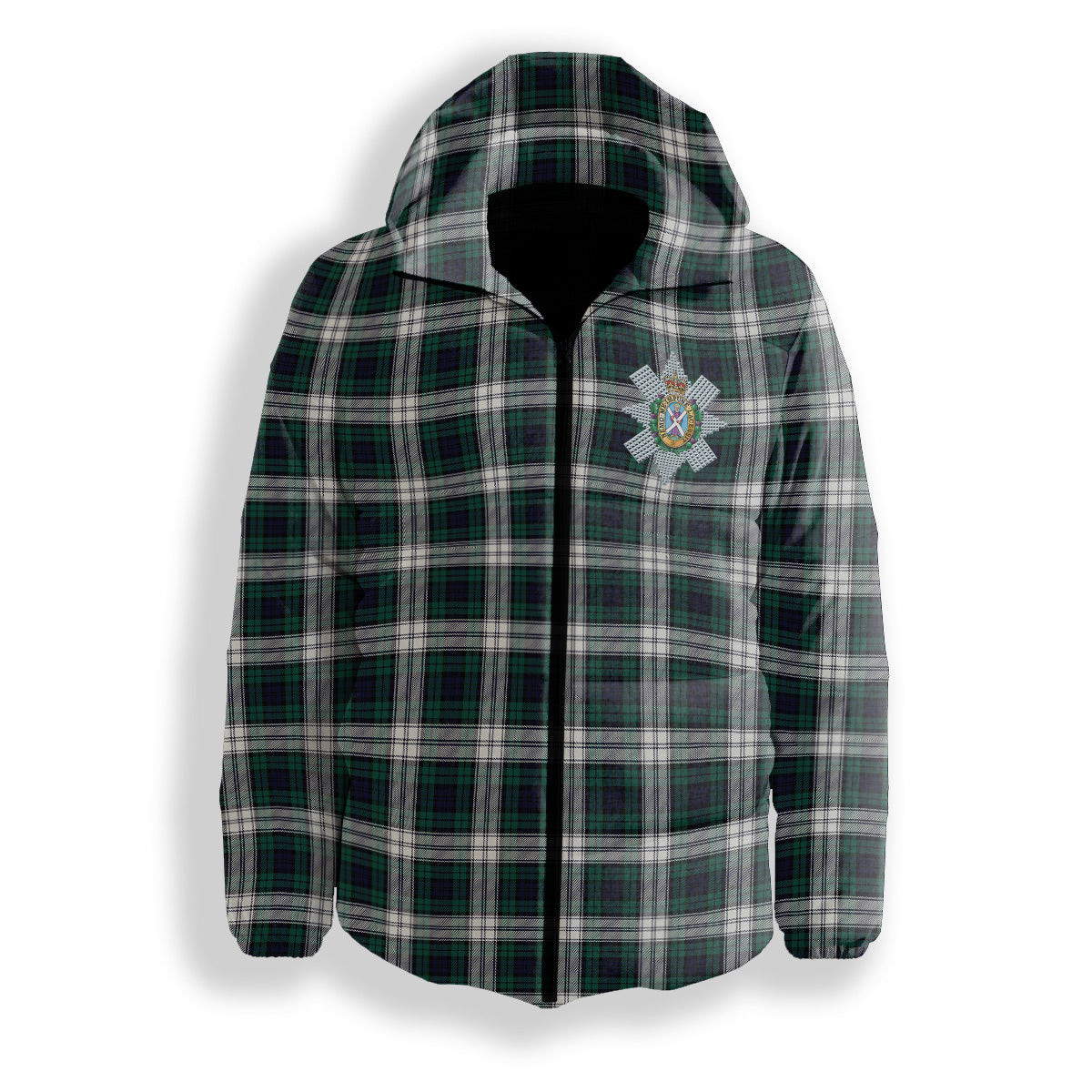 ScotsTee Shop Scottish Black Watch Dress Modern Crest Tartan Down Jacket Winter White Duck Down Plaid
