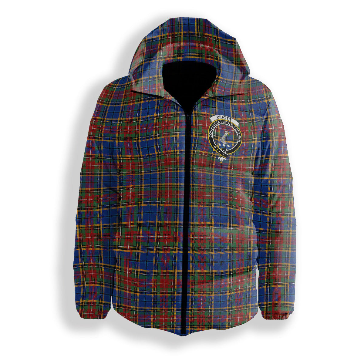 ScotsTee Shop Scottish Beattie (Beatty) Modern Crest Tartan Down Jacket Winter White Duck Down Plaid